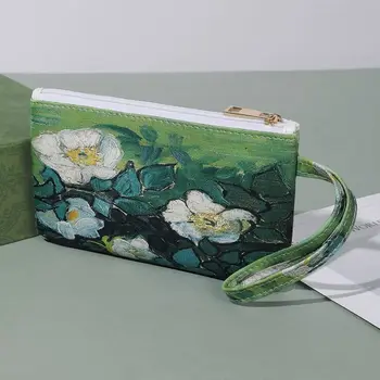  Молния PU кожаный монета кошелек бумажник с ремешок прямоугольник макияж губная помада мешок, сумка для хранения камелии, корейский цветок запястье сумка