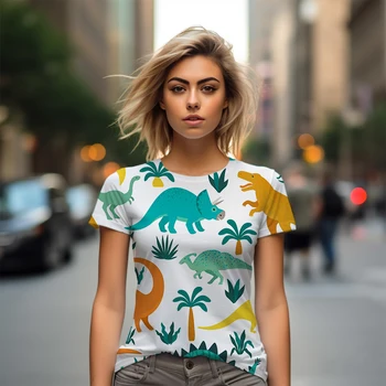  Летняя новая женская футболка, модный тренд, женская футболка с 3D принтом динозавра, женская футболка, повседневная милая стильная женская футболка