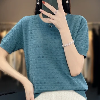  Летняя новая футболка из 100% хлопка, женский пуловер с круглым вырезом, жилет, вязаный полый короткий рукав, повседневный дышащий свободный модный топ