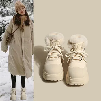  2023 Новые женские зимние ботинки, зимние уличные бархатные и теплые хлопчатобумажные туфли, короткие ботинки на толстой подошве с усиленной шнуровкой.