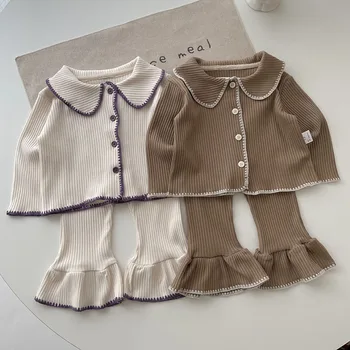  Осенне-весенний костюм для маленьких девочек, хлопковый однотонный кардиган с длинными рукавами + брюки, комплект одежды для новорожденных девочек