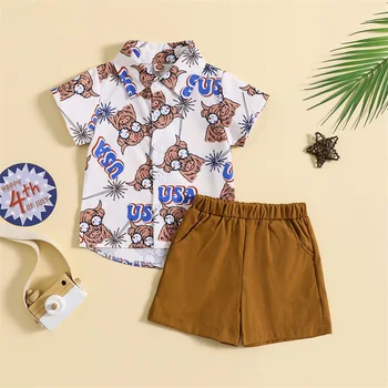  Listenwind Летняя одежда для мальчиков от 1 до 5 лет, рубашка с короткими рукавами и пуговицами с принтом в виде головы быка и эластичные шорты, комплект одежды