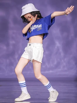  2023 Новая Повседневная одежда Для девочек, Синяя футболка, Укороченный Топ Или Белые Шорты, Детская Одежда для танцев в стиле хип-хоп от 4 до 16 лет
