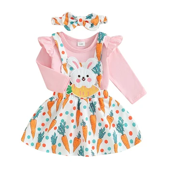  Пасхальный наряд, комбинезон с длинными рукавами для маленькой девочки, платье с вышивкой в виде моркови и кролика, повязка на голову с бантом, одежда для новорожденных, одежда для новорожденных
