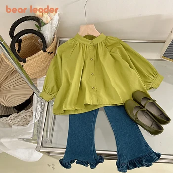  Детский комплект Bear Leader, новый весенне-осенний комплект с длинными рукавами, зеленый топ с оборками + джинсы с оборками, модный комплект из двух предметов для девочек