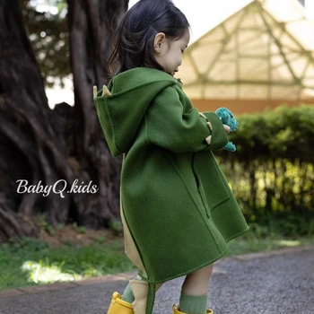  Детское пальто, детское однотонное длинное шерстяное пальто с милым рисунком из мультфильма, зимняя куртка, детская куртка 2023 года выпуска