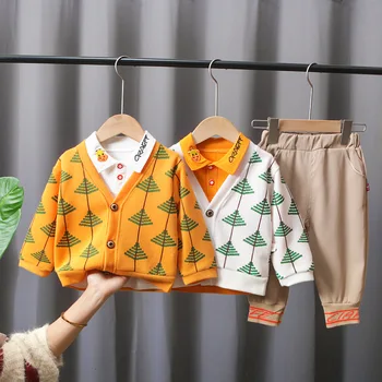  Детская одежда Для мальчиков, Весенне-осенний комплект одежды для маленьких мальчиков, кардиган, футболки и штаны, Комплект из 3 предметов, Корейская одежда для мальчиков 1 года