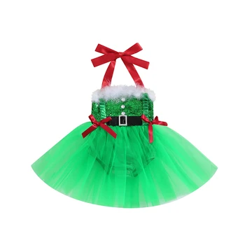  Рождественский комбинезон для маленьких девочек, боди из тюля с бантом на шее, без рукавов, комбинезон с блестками, праздничное платье для новорожденных