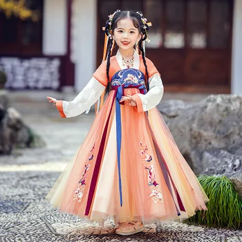  Платья в китайском стиле Hanfu для девочек 2023 года, новый детский костюм Tang с длинным рукавом и V-образным вырезом, пояс с вышивкой в стиле пэчворк на весну-осень